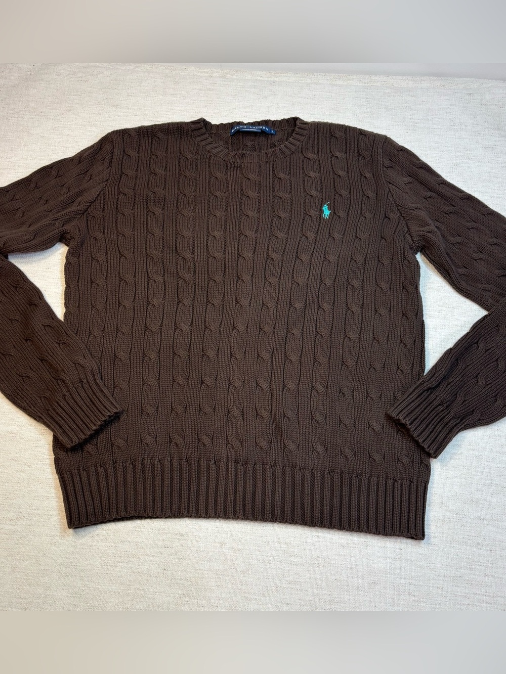 Ralph Lauren women L Brown Cable Knit Crewneck Sweater long sleeve 100% cotton